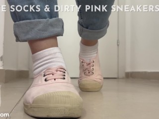 White socks and dirty pink sneakers footjob and cum on them