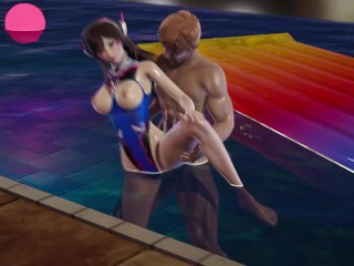 Dva in a swimsuit takes a bath in the pool until a muscular guy starts to fuck her in cowgirl