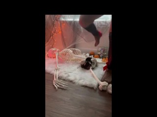 Horny MILF loves Halloween She FUCKS Skeleton with BIG CLEAR DILDO gets Pussy WET