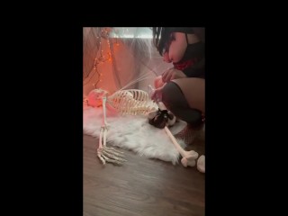 Horny MILF loves Halloween She FUCKS Skeleton with BIG CLEAR DILDO gets Pussy WET