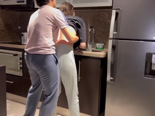 Wife fucked hard with tongue while washing dishes in the kitchen, getting her to cum before her step