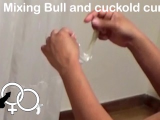 My cuckold eats my Bull's semen after having ruined his orgasm with the Bull's condom