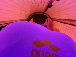 Arena big logo swimsuit in public solarium with cs