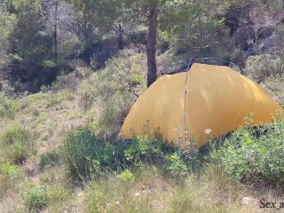 The tourist heard loud moaning and caught couple fucking in the tent.