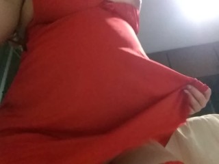 Pregnant woman with large areolas and big puffy nipples - sexy red lingerie babydoll nightie in bed