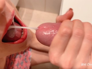 So much cum! Young blonde gets massive cumshot to throat and chokes Close up CIM 4K wetcherryblonde