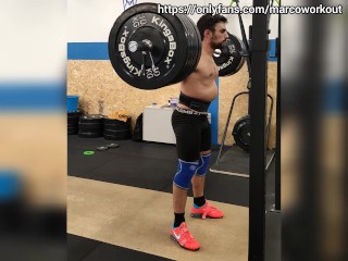 Low hang snatch, split jerk, back squat and abs