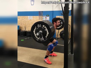 Low hang snatch, split jerk, back squat and abs