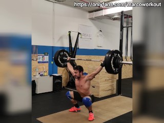 Low hang snatch, split jerk, back squat and abs