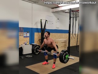 Low hang snatch, split jerk, back squat and abs