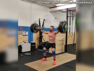 Low hang snatch, split jerk, back squat and abs