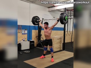 Low hang snatch, split jerk, back squat and abs