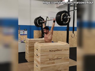 Low hang snatch, split jerk, back squat and abs