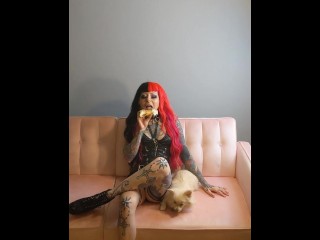 Fetish Dolly Pink Hair Goth Girl Eats Ice Cream Candy Raver Tattooed Mistress BDSM Queen Model