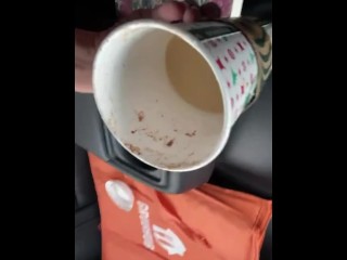 Messy pee in a cup during a delivery - backseat piss