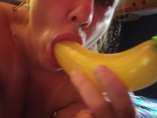 Honey? I'm still hungry! Insatiable after sucking toy banana and cummin on bubble wand toy 