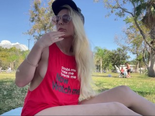 Anastasia Ocean bared her breasts while walking in the park, naked tits in a public place