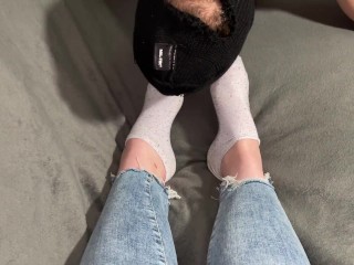 Slave made to lick and sniff goddess feet and got cum kicked out of his balls