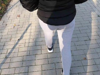 I couldn't wait any longer. I Cum in my Girlfriend Panties on the Street.