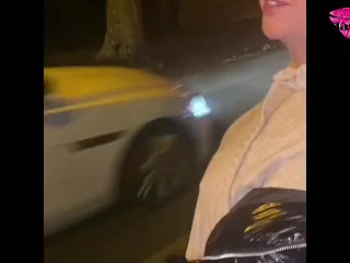 Classy takes a cum load on her face then walks around the streets with it dripping down her face