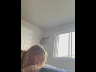 Sexy blonde milf riding reverse cowboy wakes up bf blow job alarm clock