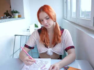 Schoolgirl draws a coloring Book and Spreads her legs when a guy comes for Creampie