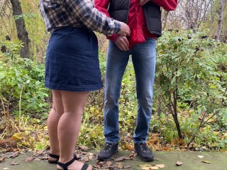 Horny wife and husband pissing together outdoors