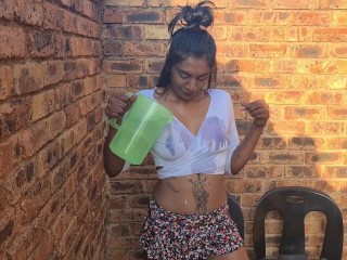 Indian slut giving a waterplay, wet white shirt show, nipple play, boobs close up