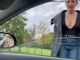 PICK UP - A beautiful girl sucked a big dick in the front seat of a car parked on a crowded road.