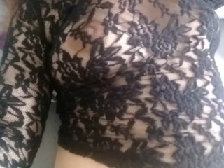 See trough lace lingerie top - sexy dark hard nipples under clothes - puffy perky tits natural boobs