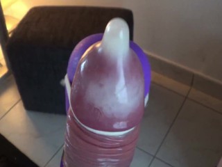 BIG COCK GETS MILKED DRY HANDSFREE INTO CONDOM BY STRONG VIBRATOR