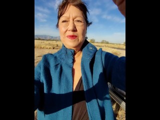 It is cold & windy! Mature hairy pussy wet from pissing by the side of the road!