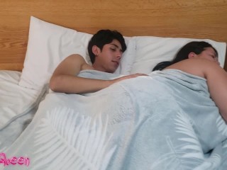 Stepmother and stepson. Risky creampie on the bed home alone