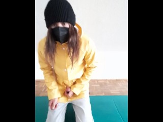 Young Trans Schoolgirl Vibed Masturbates in Raincoat Part 3 Orgasm