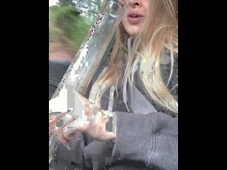 BLONDE GANJA GODDESS 420 SMOKER BABE WEARING COOKIES HOODIE HITS BONG IN CAR IN PUBLIC ASMR FETISH