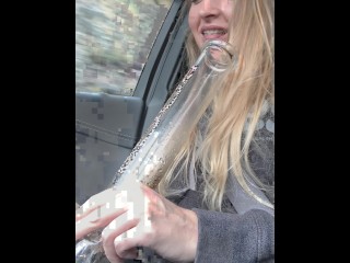 BLONDE GANJA GODDESS 420 SMOKER BABE WEARING COOKIES HOODIE HITS BONG IN CAR IN PUBLIC ASMR FETISH