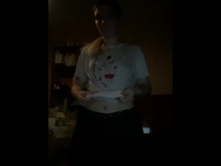 The blonde, after watching porn at night, dances very excitedly and touches her breasts.