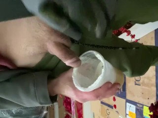 At work pissed in female boss coffee cup in the back of the truck watched her drink it sweat pants