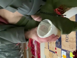 At work pissed in female boss coffee cup in the back of the truck watched her drink it sweat pants