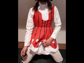 Young trans girl masturbates in cute anime dress rubberboots and gasmask with vibrator