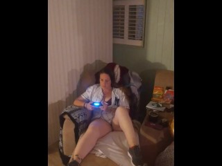 Cute girl plays video games in bra and panties
