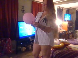 Shy Busty Brunette Popping Balloons For Fans