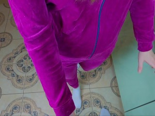 Cute girl in a velour tracksuit gives a awesome blowjob and gets cum in her mouth - Nata Sweet