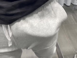 Grey sweatpants season, big bulge flash (DRESSING ROOM)