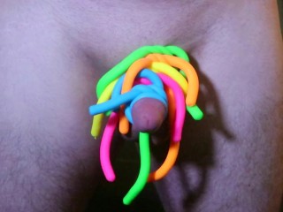 Tiny Straight cock and balls tied up with monkey noodles / noodlies small genitals covered!