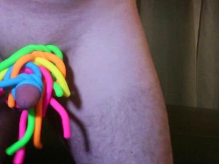 Tiny Straight cock and balls tied up with monkey noodles / noodlies small genitals covered!