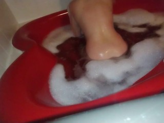 Dirty little slut takes a bubble bath in heart shaped tub and plays with feet 🛀😘💦