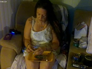 Busty Long Hair Brunette In Bra and Panties Playing Smoking Cigarettes and Playing PlayStation