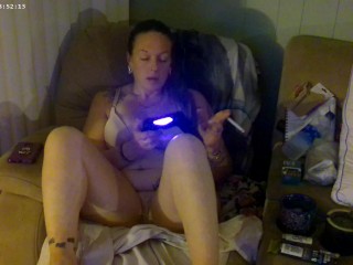 Busty Long Hair Gamer Girl In Bra and Panties Playing Smoking Cigarettes