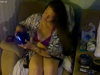 Busty Long Hair Gamer Girl In Bra and Panties Playing Smoking Cigarettes Part 2